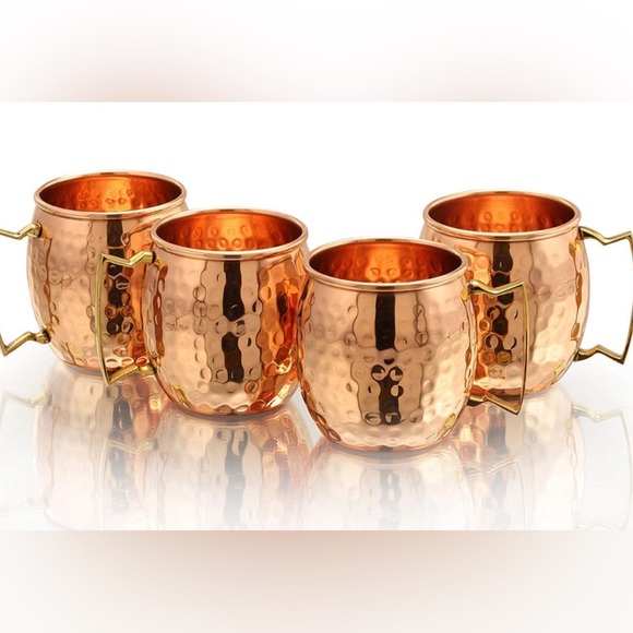Pure Copper Hammered Mugs with Copper Straws & Wooden Coasters Set of 4 - Picture 4 of 8